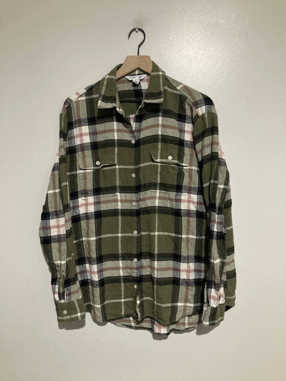 Old Navy The Boyfriend Shirt Olive Green Plaid Cotton Button Womens Large Tall